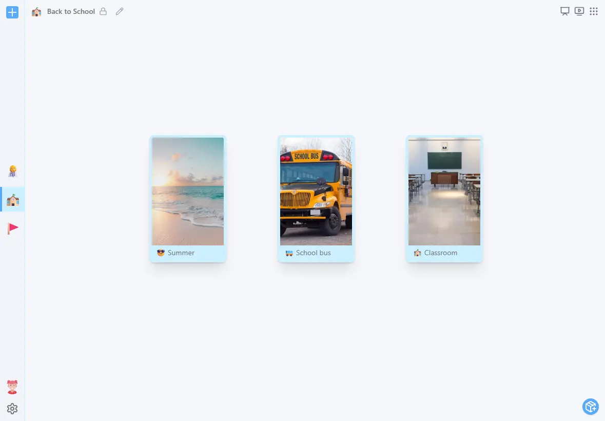 Example of First-Then Board showing 3-Card visual schedule. Summer, School bus and classroom