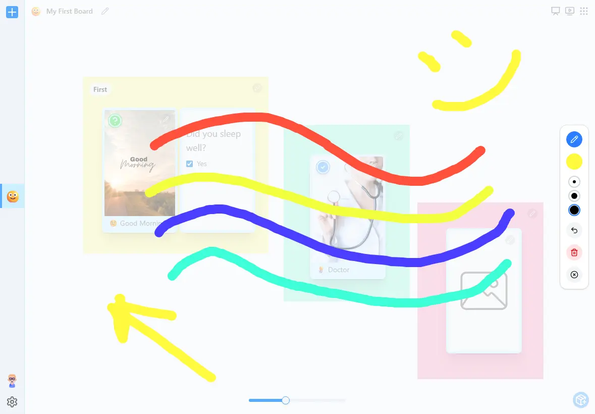 FirstThenBoard drawing tools interface with colorful markers for highlighting, annotating, and creating interactive elements on active board