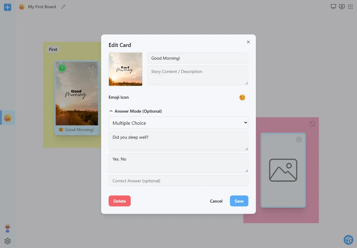FirstThenBoard card editor showing customization options including labels, emoji icons, interactive elements, and answer modes for engaging autism visual supports