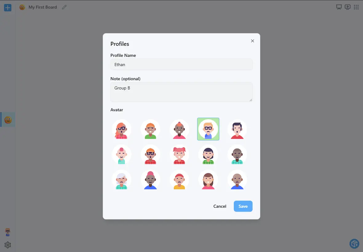 FirstThenBoard profile editing interface showing diverse avatar options, name field, and notes section for personalized user accounts