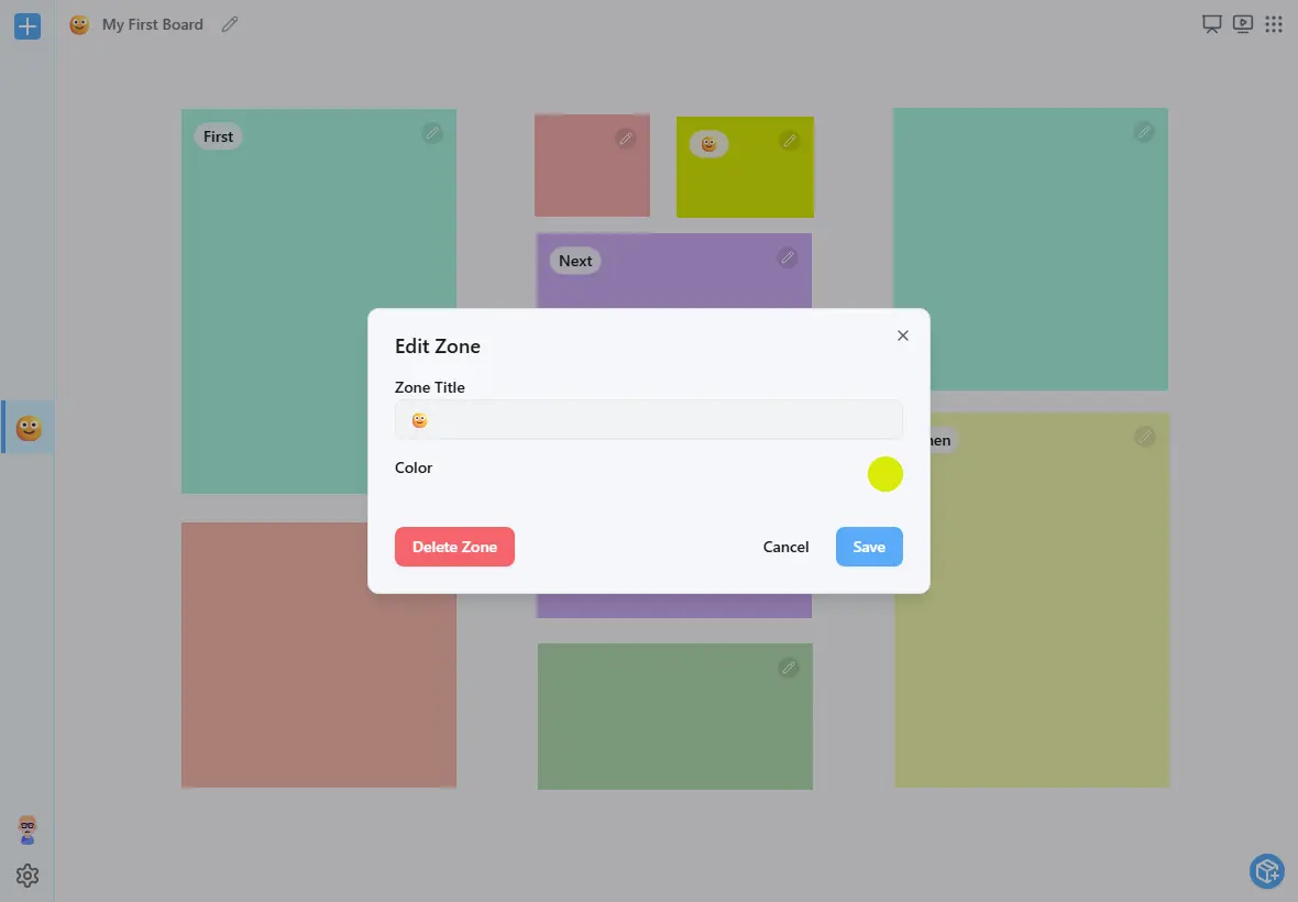 FirstThenBoard zone customization panel showing color picker and title field to organize activity cards into themed sections for better visual structure