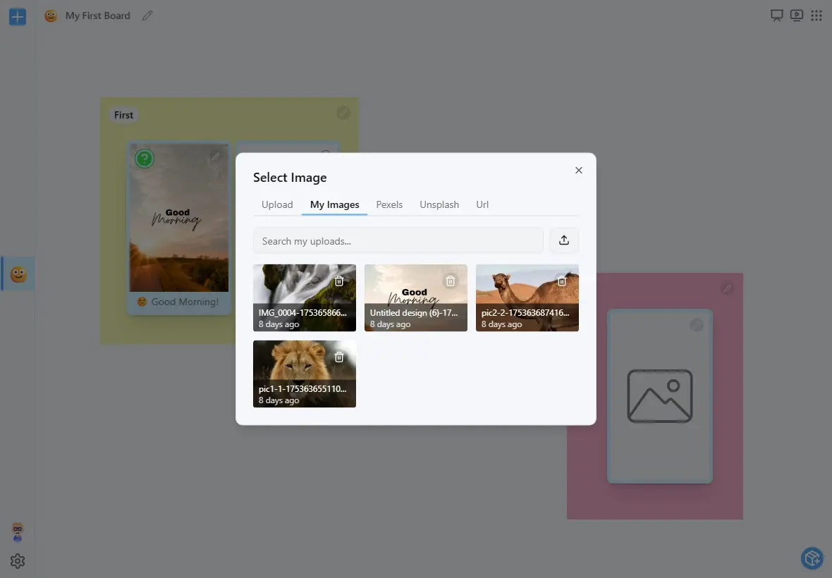 FirstThenBoard image selection interface with options to upload personal photos, search Pexels and Unsplash stock libraries, or paste image URLs